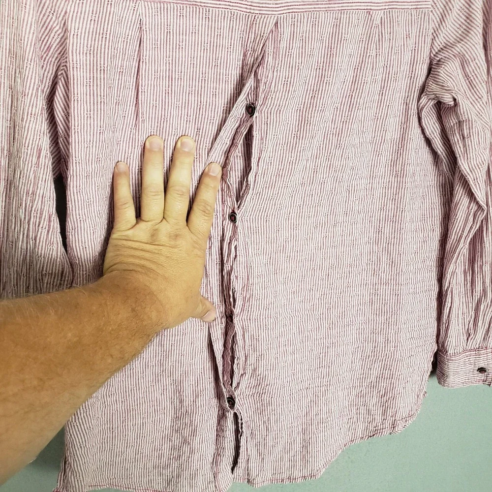 Free People Size XS Crinkle Gauze Button Up Mauve Pink Stripe Cotton Coastal XS